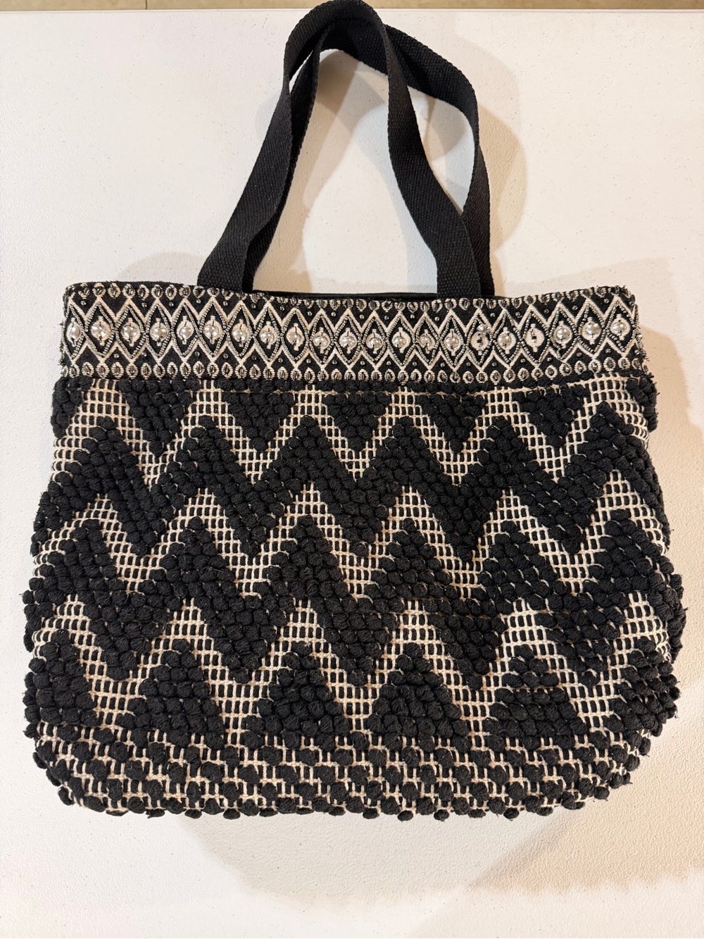 Black & Cream Zigzag Woven Tote Bag